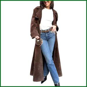 Faux Suede Long Trench Coat Notched Lapel Double Breasted Pea Coat